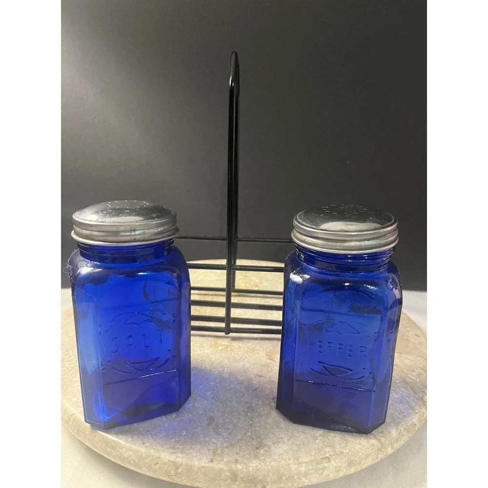 Vintage Cobalt Blue King's Crown Salt and Pepper Shakers with Carry Set